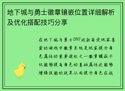 地下城与勇士徽章镶嵌位置详细解析及优化搭配技巧分享